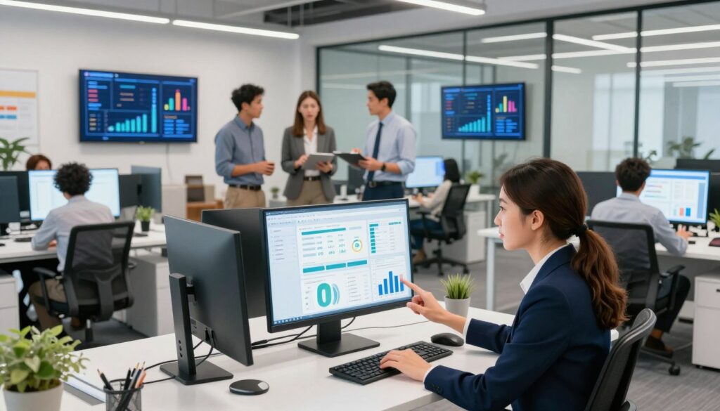 A modern office scene showcasing a diverse team of professionals engaged in automating content marketing tasks. In the foreground, a woman in smart business attire is interacting with an advanced computer interface displaying analytics and automation software. The middle ground features colleagues discussing strategies, surrounded by motivational digital displays of marketing metrics. The background contains sleek office furniture and glass walls, allowing for natural light to illuminate the space, creating a vibrant, energetic atmosphere. The mood is collaborative and innovative, with soft lighting enhancing the focus on teamwork and creativity. Use a wide-angle lens to capture the entire scene, emphasizing the dynamic workflow among the team while maintaining a clean, professional aesthetic.