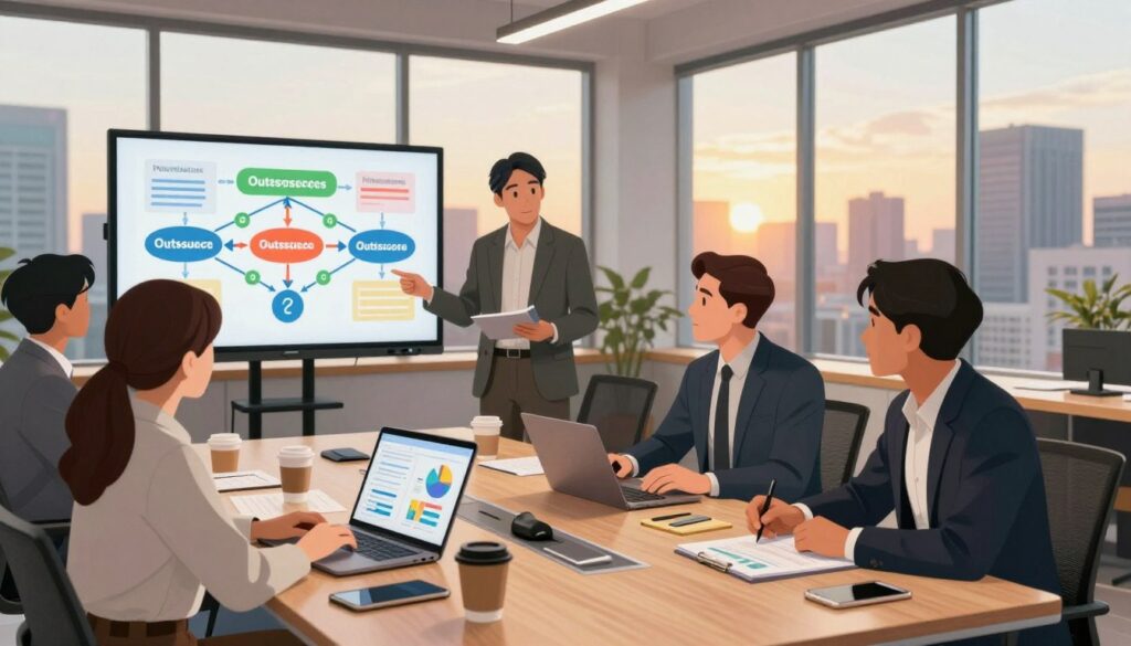 A modern office setting bustling with professionals immersed in strategic discussions. In the foreground, a diverse group of three individuals—two women and one man—each dressed in smart business attire, collaborating over a laptop and documents filled with charts and graphs. The middle ground features a large screen displaying colorful visuals of outsourcing strategies and workflows, while a tidily arranged conference table holds takeout coffee cups, notepads, and digital devices. In the background, large windows reveal a vibrant cityscape during golden hour, bathing the room in warm, inviting light. The atmosphere is dynamic yet focused, reflecting innovation and teamwork in enhancing agency deliverables through outsourcing. Use a wide-angle lens to capture the entire scene, emphasizing collaboration and strategizing effortlessly.