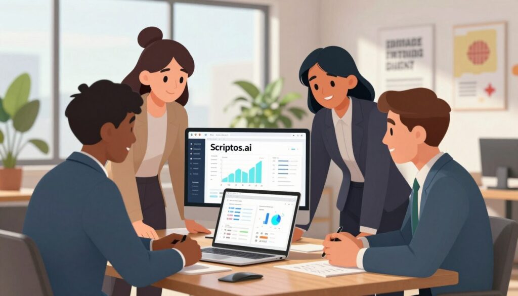 A modern office setting showcasing the integration of the Scriptos.ai platform into daily operations. In the foreground, a diverse group of three professionals, two men and one woman, all dressed in smart business attire, are gathered around a sleek laptop on a wooden conference table, discussing content strategies. In the middle, the computer screen displays the Scriptos.ai interface with dynamic graphs and AI-driven content creation tools. The background features large windows letting in natural light, giving a bright and airy feel to the space, with potted plants adding a touch of green. A few motivational posters decorate the walls, contributing to a productive atmosphere. The overall mood is collaborative and innovative, reflecting the ease of using Scriptos.ai in a professional environment.