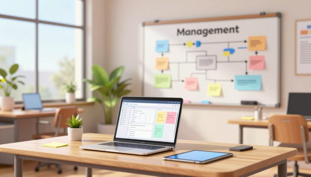 A modern office setting showcasing various management tools essential for enhancing classroom routines. In the foreground, a wooden desk is arranged with a laptop displaying a sleek dashboard, colorful sticky notes, and a digital tablet, all symbolizing organizational efficiency. The middle ground features a whiteboard filled with flowcharts and diagrams illustrating effective management systems. In the background, large windows let in natural light, enhancing the workspace's open and collaborative atmosphere. Soft focus on green plants adds a touch of warmth. The mood is productive and innovative, designed to inspire educators looking to implement new systems smoothly. The lighting is bright yet soft, creating a welcoming environment. A modern office setting showcasing various management tools essential for enhancing classroom routines. In the foreground, a wooden desk is arranged with a laptop displaying a sleek dashboard, colorful sticky notes, and a digital tablet, all symbolizing organizational efficiency. The middle ground features a whiteboard filled with flowcharts and diagrams illustrating effective management systems. In the background, large windows let in natural light, enhancing the workspace's open and collaborative atmosphere. Soft focus on green plants adds a touch of warmth. The mood is productive and innovative, designed to inspire educators looking to implement new systems smoothly. The lighting is bright yet soft, creating a welcoming environment.