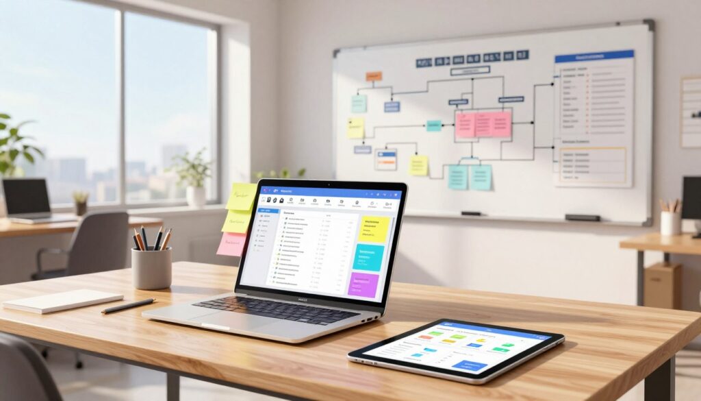 A modern office workspace showcasing an array of project management tools. In the foreground, a sleek wooden desk displays a laptop with a vibrant project management dashboard, colorful sticky notes, and a digital tablet with collaboration software open. In the middle ground, a large whiteboard filled with neatly organized flowcharts and task lists is visible, with a post-it note system emphasizing adaptability. In the background, bright floor-to-ceiling windows allow natural light to flood the room, creating a warm and inviting atmosphere. The mood is focused and efficient, reflecting high productivity. The shot is captured from a slightly elevated angle to provide a comprehensive view of the workspace, highlighting both technology and organization.