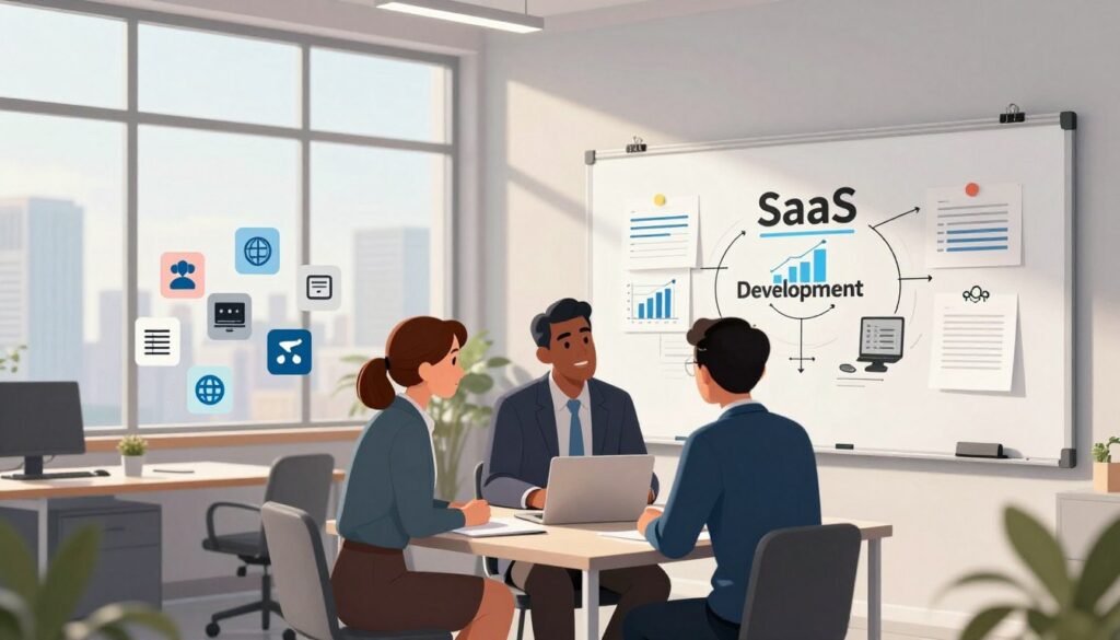 A modern office workspace with a sleek, minimalist design, featuring a large whiteboard filled with diagrams and notes related to a SaaS development approach. In the foreground, a diverse group of three professionals in smart business attire collaboratively brainstorming around a laptop, showcasing an interactive discussion. The background highlights a large window with city skyline views, letting in soft, natural light that creates a warm, focused atmosphere. On a nearby table, various tech-related icons float above a notepad, symbolizing different SaaS features like analytics and user experience design. The composition effectively conveys a sense of productivity and innovation, inviting viewers to engage with the concept of selecting the right development approach for SaaS. A modern office workspace with a sleek, minimalist design, featuring a large whiteboard filled with diagrams and notes related to a SaaS development approach. In the foreground, a diverse group of three professionals in smart business attire collaboratively brainstorming around a laptop, showcasing an interactive discussion. The background highlights a large window with city skyline views, letting in soft, natural light that creates a warm, focused atmosphere. On a nearby table, various tech-related icons float above a notepad, symbolizing different SaaS features like analytics and user experience design. The composition effectively conveys a sense of productivity and innovation, inviting viewers to engage with the concept of selecting the right development approach for SaaS.