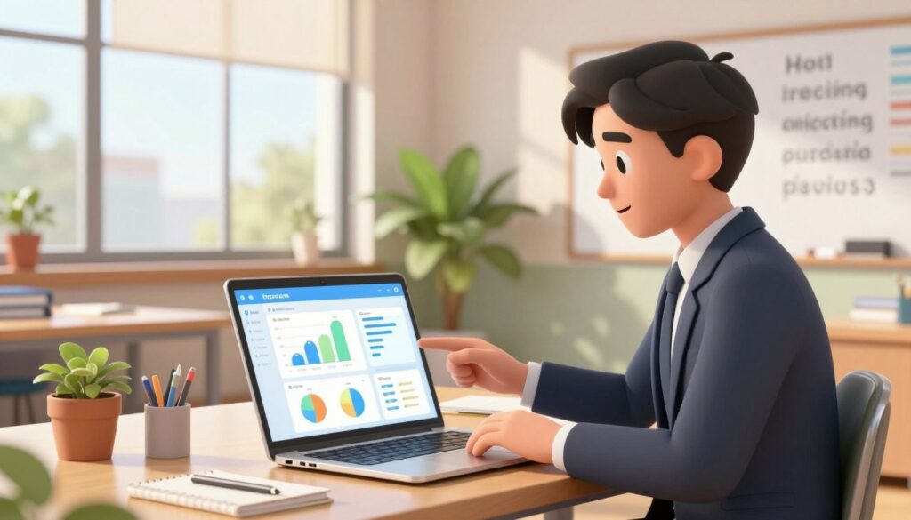 A modern school office scene showcasing a teacher productivity AI tool. In the foreground, a laptop displays a user-friendly interface with colorful graphs and analytics related to teacher performance. A school leader, dressed in professional business attire, interacts with the laptop, appearing engaged and focused. In the middle ground, a well-organized desk with educational resources, a potted plant, and a whiteboard filled with motivational quotes adds to the atmosphere of productivity. The background features large windows that let in natural sunlight, illuminating the space and creating a positive, inspiring mood. Soft light enhances the colors, creating a warm and professional ambiance, while a slight blur emphasizes the school leader's engagement with the AI tool, showcasing technology's role in enhancing teacher productivity. A modern school office scene showcasing a teacher productivity AI tool. In the foreground, a laptop displays a user-friendly interface with colorful graphs and analytics related to teacher performance. A school leader, dressed in professional business attire, interacts with the laptop, appearing engaged and focused. In the middle ground, a well-organized desk with educational resources, a potted plant, and a whiteboard filled with motivational quotes adds to the atmosphere of productivity. The background features large windows that let in natural sunlight, illuminating the space and creating a positive, inspiring mood. Soft light enhances the colors, creating a warm and professional ambiance, while a slight blur emphasizes the school leader's engagement with the AI tool, showcasing technology's role in enhancing teacher productivity.