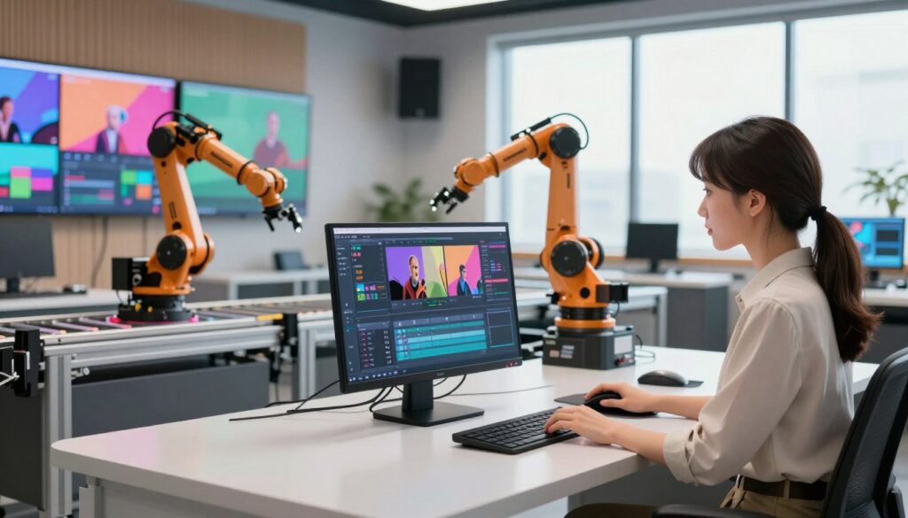 A modern video production studio, focusing on the automation of video creation. In the foreground, a sleek, high-tech workstation with a computer displaying a user-friendly video editing software interface. A professional woman in smart casual attire is engaged in video editing, showcasing her concentration and creativity. The middle ground features advanced robotic arms assembling video content on a conveyor belt, surrounded by vibrant screens displaying clips and graphics, symbolizing efficient asset creation. The background includes soundproof panels and large windows with natural light flooding the space, creating a bright and productive atmosphere. The scene is shot with a slight depth of field, emphasizing the workstation while softly blurring the background, evoking a sense of innovation and professionalism.