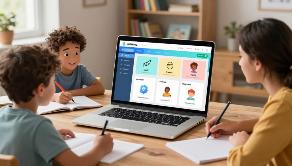 A modern virtual learning platform interface depicted on a sleek laptop, placed on a wooden desk. In the foreground, a diverse family—comprising a mother and two children—are engaged in reviewing homework together. They are dressed in smart casual clothing, with focused expressions, highlighting a collaborative learning atmosphere. In the middle, the laptop screen shows a vibrant dashboard with organized categories for subjects like math, science, and language arts, featuring engaging graphics and icons. The background features a cozy home environment with bookshelves filled with educational materials and a warm, inviting atmosphere. Soft, natural lighting filters through a nearby window, creating a productive and reassuring mood, suggesting a supportive learning space at home. A modern virtual learning platform interface depicted on a sleek laptop, placed on a wooden desk. In the foreground, a diverse family—comprising a mother and two children—are engaged in reviewing homework together. They are dressed in smart casual clothing, with focused expressions, highlighting a collaborative learning atmosphere. In the middle, the laptop screen shows a vibrant dashboard with organized categories for subjects like math, science, and language arts, featuring engaging graphics and icons. The background features a cozy home environment with bookshelves filled with educational materials and a warm, inviting atmosphere. Soft, natural lighting filters through a nearby window, creating a productive and reassuring mood, suggesting a supportive learning space at home.