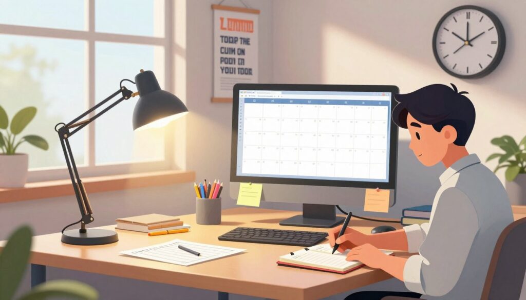 A modern workspace featuring an array of time management tools, including a sleek digital calendar displayed on a high-resolution monitor, colorful sticky notes scattered on a organized desk, and an elegant wall clock. In the foreground, a well-dressed student with focused expression is writing in a planner, embodying productivity. The middle ground showcases a stylish desk lamp casting a warm glow over the planner and to-do lists, while a motivational poster hangs in the background. Natural daylight filters through a large window, creating a bright and inviting atmosphere. The overall mood is one of inspiration and organization, encouraging effective time management and academic success, designed for a professional setting.