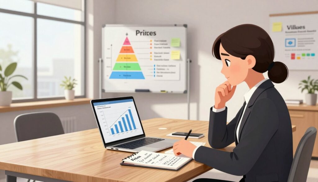A modern workspace with a sleek wooden desk in the foreground, adorned with a laptop displaying a graph of pricing strategies. On the desk, a notepad filled with handwritten pricing models and calculations. A professional businesswoman in smart attire is analyzing the data, deep in thought, reflecting determination and focus. In the middle ground, a whiteboard filled with colorful charts and sticky notes showcasing various pricing tiers and value propositions. The background features a large window allowing natural light to flood the room, casting soft shadows that create an inviting atmosphere. The overall mood is inspiring and entrepreneurial, emphasizing the importance of strategic planning. The scene is captured from a slightly elevated angle to provide a comprehensive view of the workspace. A modern workspace with a sleek wooden desk in the foreground, adorned with a laptop displaying a graph of pricing strategies. On the desk, a notepad filled with handwritten pricing models and calculations. A professional businesswoman in smart attire is analyzing the data, deep in thought, reflecting determination and focus. In the middle ground, a whiteboard filled with colorful charts and sticky notes showcasing various pricing tiers and value propositions. The background features a large window allowing natural light to flood the room, casting soft shadows that create an inviting atmosphere. The overall mood is inspiring and entrepreneurial, emphasizing the importance of strategic planning. The scene is captured from a slightly elevated angle to provide a comprehensive view of the workspace.