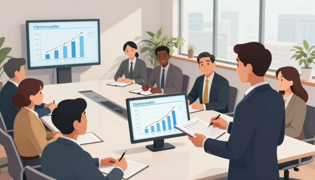 A professional business setting depicting a diverse group of business people in a modern office environment, gathered around a large conference table. The foreground features a middle-aged man in a suit presenting a growth chart on a digital display, showcasing steady, realistic client growth. In the middle are engaged colleagues of varying ages and ethnicities, taking notes and discussing strategies. The background shows large windows with natural light flooding in, cityscape visible outside, representing ambition and progress. The mood is collaborative and focused, with an optimistic atmosphere. Use soft lighting to create an inviting space, shot from a slightly elevated angle to capture all elements harmoniously. A professional business setting depicting a diverse group of business people in a modern office environment, gathered around a large conference table. The foreground features a middle-aged man in a suit presenting a growth chart on a digital display, showcasing steady, realistic client growth. In the middle are engaged colleagues of varying ages and ethnicities, taking notes and discussing strategies. The background shows large windows with natural light flooding in, cityscape visible outside, representing ambition and progress. The mood is collaborative and focused, with an optimistic atmosphere. Use soft lighting to create an inviting space, shot from a slightly elevated angle to capture all elements harmoniously.