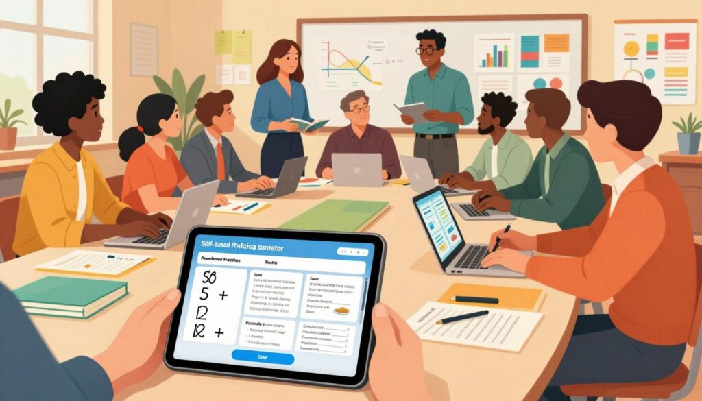 A professional, modern classroom setting featuring a diverse group of teachers engaged in collaborative work around a large table filled with colorful learning resources and digital devices. In the foreground, a close-up of a tablet displaying an interactive skill-based practice generator app, showcasing math, reading, and writing exercises. The middle ground highlights teachers, dressed in smart casual attire, discussing strategies and ideas, with colorful charts and graphs visible on the walls. The background features warm, inviting lighting, creating a focused yet energetic atmosphere. The overall mood is one of collaboration and innovation, emphasizing the importance of resources that facilitate effective skill-based practice for educators. A wide-angle view captures this dynamic environment, enhancing the sense of teamwork and resourcefulness.