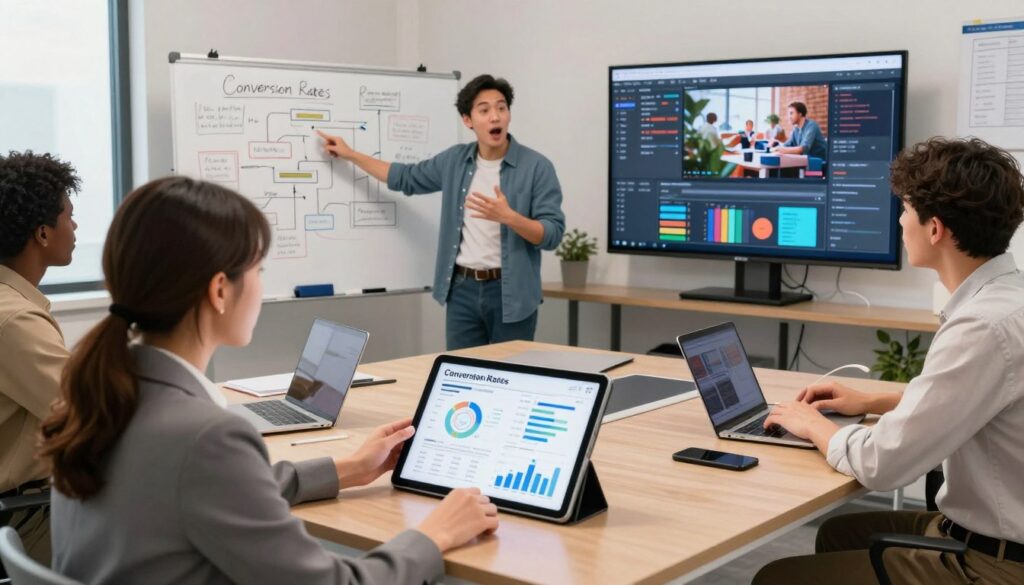 A professional workspace featuring a diverse team discussing strategies to improve conversion rates through video scripts. In the foreground, a woman in business attire is reviewing a digital tablet, showing impressive analytics and graphs. In the middle ground, a man gestures animatedly while pointing to a whiteboard filled with strategic notes and flowcharts. The background displays a modern office with subtle lighting highlighting a large screen displaying video content creation examples. The atmosphere is collaborative and focused, with a sense of urgency and creativity. The angle is slightly overhead to capture the dynamics of teamwork, showcasing a harmonious blend of technology and strategy in a bright, inviting environment. A professional workspace featuring a diverse team discussing strategies to improve conversion rates through video scripts. In the foreground, a woman in business attire is reviewing a digital tablet, showing impressive analytics and graphs. In the middle ground, a man gestures animatedly while pointing to a whiteboard filled with strategic notes and flowcharts. The background displays a modern office with subtle lighting highlighting a large screen displaying video content creation examples. The atmosphere is collaborative and focused, with a sense of urgency and creativity. The angle is slightly overhead to capture the dynamics of teamwork, showcasing a harmonious blend of technology and strategy in a bright, inviting environment.