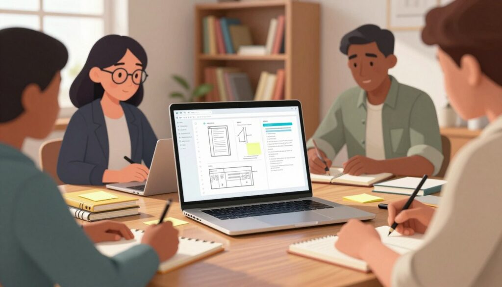 A professional workspace featuring a sleek laptop on a polished wooden desk, surrounded by neatly stacked notebooks and colorful sticky notes. In the foreground, a diverse group of individuals—one is a woman with glasses, wearing a smart blazer, focused on the screen; another man, in a casual shirt, taking notes. A soft light from a nearby window casts gentle shadows, creating a warm atmosphere. In the middle, visible on the laptop screen, outlines and revision notes can be seen, suggesting the role of AI in organizing ideas. The background showcases a bookshelf filled with books on writing and creativity, adding an intellectual ambiance. The overall mood is collaborative and inspiring, emphasizing innovation in writing support through AI technology.