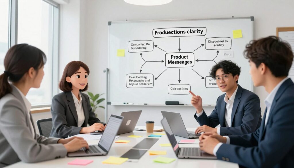 A professional workspace scene focused on enhancing product messaging clarity. In the foreground, a diverse group of three business professionals, one woman and two men, engage in a brainstorming session around a sleek, modern conference table cluttered with colorful sticky notes and digital devices like laptops and tablets. The middle ground features a large whiteboard filled with diagrams and keyword ideas, showcasing a structured flow of information. The background highlights bright, airy windows allowing natural light to fill the room, creating an inspiring atmosphere. Soft, diffused lighting enhances a collaborative mood without harsh shadows. The angle of the shot captures the dynamic interaction among the team, emphasizing their focused expressions and professional attire. No text, captions, or visual distractions are present in the scene.