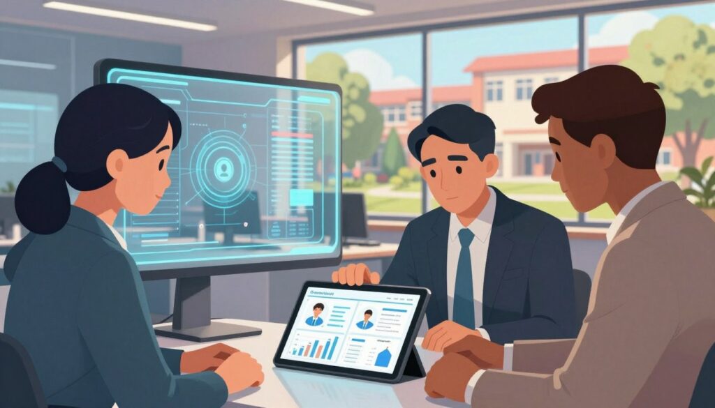 A secure and modern data privacy environment focusing on student data in an academic setting. In the foreground, a diverse group of three professionals, dressed in smart business attire, are concentrated on a digital tablet displaying complex student data visualizations, such as charts and graphs. In the middle, a sleek, contemporary office with glass partitions and digital security features is visible, emphasizing the importance of data protection. The background features a large window showing a vibrant campus scene, symbolizing the educational context. Soft, warm lighting bathes the scene, creating a focused yet welcoming atmosphere. The image conveys a serious commitment to data privacy and security, reflecting the critical nature of safeguarding student information in educational institutions. A secure and modern data privacy environment focusing on student data in an academic setting. In the foreground, a diverse group of three professionals, dressed in smart business attire, are concentrated on a digital tablet displaying complex student data visualizations, such as charts and graphs. In the middle, a sleek, contemporary office with glass partitions and digital security features is visible, emphasizing the importance of data protection. The background features a large window showing a vibrant campus scene, symbolizing the educational context. Soft, warm lighting bathes the scene, creating a focused yet welcoming atmosphere. The image conveys a serious commitment to data privacy and security, reflecting the critical nature of safeguarding student information in educational institutions.