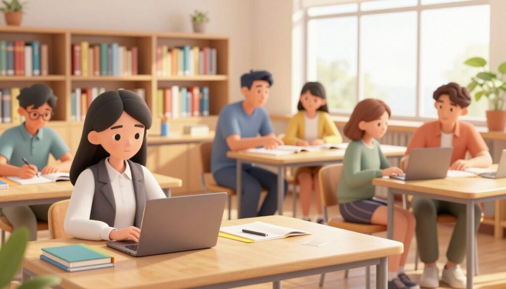 A serene and modern study environment featuring a diverse group of students engaged in a targeted review assessment. In the foreground, a female student in professional attire sits at a wooden desk focused on her laptop, surrounded by colorful study materials and notes. The middle ground showcases a male student collaborating with a peer, both animatedly discussing concepts while seated on comfortable chairs. In the background, shelves filled with books and a large window allowing warm natural sunlight to illuminate the room create an inviting atmosphere. The lighting is bright and cheerful, emphasizing a sense of productivity and motivation. The overall mood is one of collaboration, confidence-building, and academic focus, reflecting the essence of effective learning. A serene and modern study environment featuring a diverse group of students engaged in a targeted review assessment. In the foreground, a female student in professional attire sits at a wooden desk focused on her laptop, surrounded by colorful study materials and notes. The middle ground showcases a male student collaborating with a peer, both animatedly discussing concepts while seated on comfortable chairs. In the background, shelves filled with books and a large window allowing warm natural sunlight to illuminate the room create an inviting atmosphere. The lighting is bright and cheerful, emphasizing a sense of productivity and motivation. The overall mood is one of collaboration, confidence-building, and academic focus, reflecting the essence of effective learning.