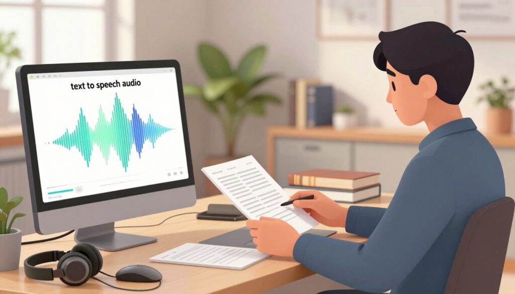 A serene and modern workspace illustrating "text to speech audio" in action. In the foreground, a sleek computer monitor displays vibrant sound waves emanating from a minimalist audio software interface. A pair of over-ear headphones sits nearby, hinting at the listening experience. In the middle, a person dressed in smart casual attire is seated, focusing intently on reading a digital document, surrounded by well-organized books and study materials. In the background, soft, ambient lighting enhances a calm atmosphere, with a few potted plants adding a touch of nature. The angle captures both the reading process and the audio component, conveying a sense of engagement and learning. The overall mood is productive and inspiring, suitable for an educational environment.