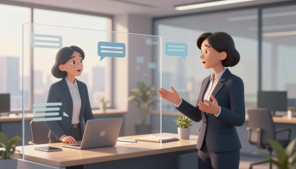 A serene office setting showcasing two professionals engaged in a focused conversation, each standing behind a translucent glass partition symbolizing communication boundaries. In the foreground, one individual, a middle-aged woman in professional business attire, gestures expressively, her face reflecting understanding and openness. The middle ground features the sleek, modern desk with a laptop and notepad, softly illuminated by warm lighting from a nearby window. The background offers a calming view of an urban skyline, hinting at a network of communication. The overall mood conveys clarity and respect, highlighting the importance of establishing clear communication boundaries in a professional environment. The composition employs a shallow depth of field, emphasizing the subjects while gently blurring the background. A serene office setting showcasing two professionals engaged in a focused conversation, each standing behind a translucent glass partition symbolizing communication boundaries. In the foreground, one individual, a middle-aged woman in professional business attire, gestures expressively, her face reflecting understanding and openness. The middle ground features the sleek, modern desk with a laptop and notepad, softly illuminated by warm lighting from a nearby window. The background offers a calming view of an urban skyline, hinting at a network of communication. The overall mood conveys clarity and respect, highlighting the importance of establishing clear communication boundaries in a professional environment. The composition employs a shallow depth of field, emphasizing the subjects while gently blurring the background.