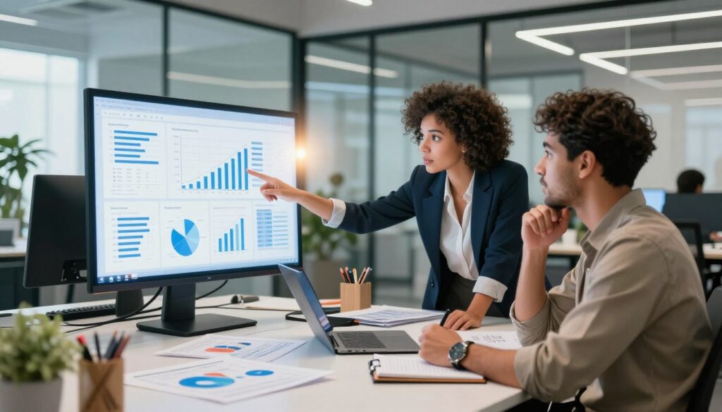 A sleek, modern workspace with a diverse group of three professionals collaborating around a high-tech table cluttered with digital devices, charts, and a large interactive screen displaying strategic insights. In the foreground, a focused woman in smart business attire points at an analytical graph, while a thoughtful man in casual clothing takes notes. In the middle, a bright glow from the screen illuminates their faces, enhancing a sense of teamwork and innovation. The background showcases a contemporary office with glass walls and greenery, reflecting a productive atmosphere. The lighting is bright and inviting, emphasizing clarity and focus, with a slight lens flare to convey a fresh perspective on strategic planning.