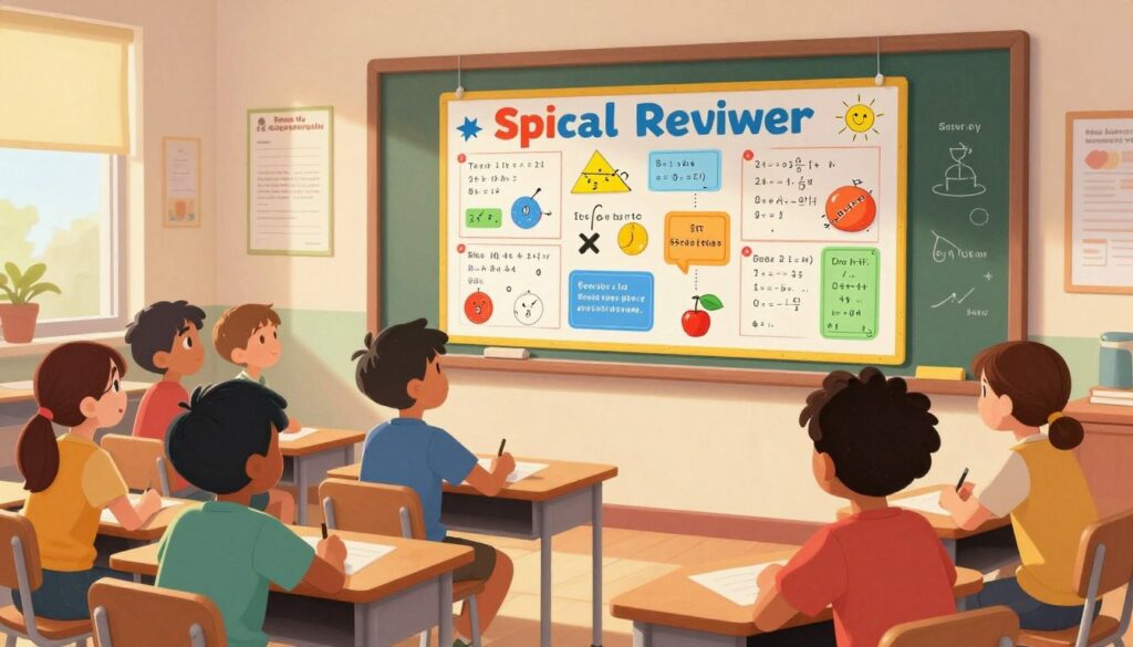 A vibrant and engaging classroom scene centered around a large, colorful math spiral review display on a chalkboard. In the foreground, a diverse group of students, depicted in modest casual clothing, eagerly collaborate at their desks, displaying a mix of curiosity and concentration. In the middle, the math spiral review features various mathematical concepts and problems, illustrated with bright colors and engaging visuals to capture attention. The background showcases educational posters and a window letting in warm, natural light, creating an inviting atmosphere. The angle of the scene is slightly elevated, providing a clear view of the entire classroom dynamic. The mood is energetic and focused, reflecting a positive learning environment that encourages active participation and engagement in daily warmups. A vibrant and engaging classroom scene centered around a large, colorful math spiral review display on a chalkboard. In the foreground, a diverse group of students, depicted in modest casual clothing, eagerly collaborate at their desks, displaying a mix of curiosity and concentration. In the middle, the math spiral review features various mathematical concepts and problems, illustrated with bright colors and engaging visuals to capture attention. The background showcases educational posters and a window letting in warm, natural light, creating an inviting atmosphere. The angle of the scene is slightly elevated, providing a clear view of the entire classroom dynamic. The mood is energetic and focused, reflecting a positive learning environment that encourages active participation and engagement in daily warmups.