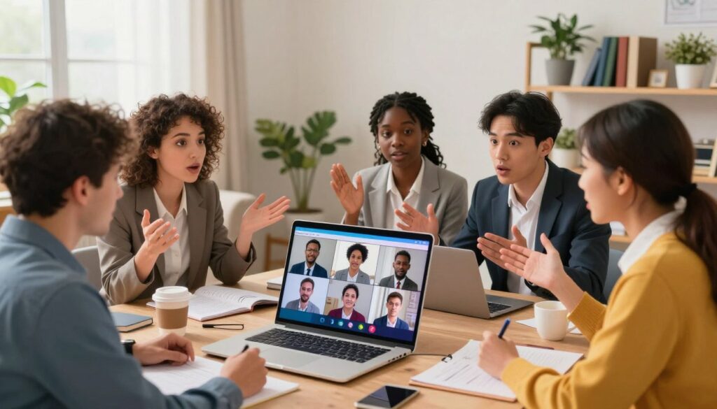 A vibrant and engaging scene depicting a diverse group of professionals actively collaborating in an online community setting. In the foreground, a laptop with a vibrant screen displaying a virtual meeting platform, surrounded by notes and a coffee cup, suggests a workspace filled with ideas. In the middle, a diverse group of individuals in professional business attire is gathered around the laptop, engaged in animated discussions, expressing curiosity and insight. The background features a cozy home office environment with soft lighting and shelves filled with books and plants, creating a warm, inviting atmosphere. The mood is focused and energetic, conveying the excitement of discovering and connecting with a target audience in online communities, emphasizing teamwork and innovation. Use a wide-angle lens perspective for depth, highlighting engagement and collaboration. A vibrant and engaging scene depicting a diverse group of professionals actively collaborating in an online community setting. In the foreground, a laptop with a vibrant screen displaying a virtual meeting platform, surrounded by notes and a coffee cup, suggests a workspace filled with ideas. In the middle, a diverse group of individuals in professional business attire is gathered around the laptop, engaged in animated discussions, expressing curiosity and insight. The background features a cozy home office environment with soft lighting and shelves filled with books and plants, creating a warm, inviting atmosphere. The mood is focused and energetic, conveying the excitement of discovering and connecting with a target audience in online communities, emphasizing teamwork and innovation. Use a wide-angle lens perspective for depth, highlighting engagement and collaboration.