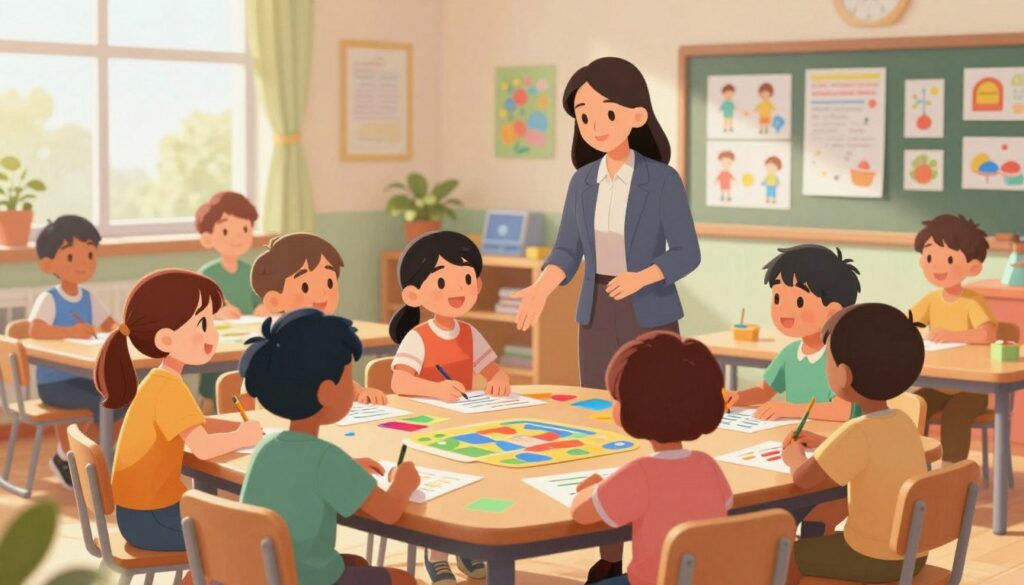 A vibrant classroom scene filled with students engaged in interactive activities that promote community building. In the foreground, a diverse group of students, wearing casual, modest clothing, are working together at a large table, collaborating on a project with colorful educational materials scattered around. In the middle ground, a teacher, also in professional attire, encourages participation, fostering a supportive environment. In the background, colorful posters and student artwork decorate the walls, creating an inviting atmosphere. Soft, natural lighting filters through large windows, casting a warm glow over the scene, enhancing the feeling of enthusiasm and collaboration. The image captures a sense of joy and teamwork, highlighting the importance of building community through shared learning experiences. A vibrant classroom scene filled with students engaged in interactive activities that promote community building. In the foreground, a diverse group of students, wearing casual, modest clothing, are working together at a large table, collaborating on a project with colorful educational materials scattered around. In the middle ground, a teacher, also in professional attire, encourages participation, fostering a supportive environment. In the background, colorful posters and student artwork decorate the walls, creating an inviting atmosphere. Soft, natural lighting filters through large windows, casting a warm glow over the scene, enhancing the feeling of enthusiasm and collaboration. The image captures a sense of joy and teamwork, highlighting the importance of building community through shared learning experiences.