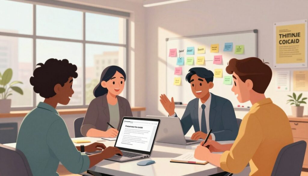 A vibrant, modern office space filled with creative energy. In the foreground, a diverse group of three professionals—two men and one woman—are sitting around a sleek conference table, reviewing video scripts on a laptop. They are dressed in professional attire, expressing enthusiasm as they brainstorm effective calls to action. In the middle ground, a whiteboard filled with colorful sticky notes outlines key points, with a large window letting in warm, natural light that brightens the room. In the background, motivational posters about communication and creativity are mounted on the walls, adding character and inspiration. The atmosphere is focused yet engaging, showcasing collaboration in action. The scene should be captured with a slightly elevated angle to emphasize teamwork and innovation, using soft, diffused lighting for a professional feel.