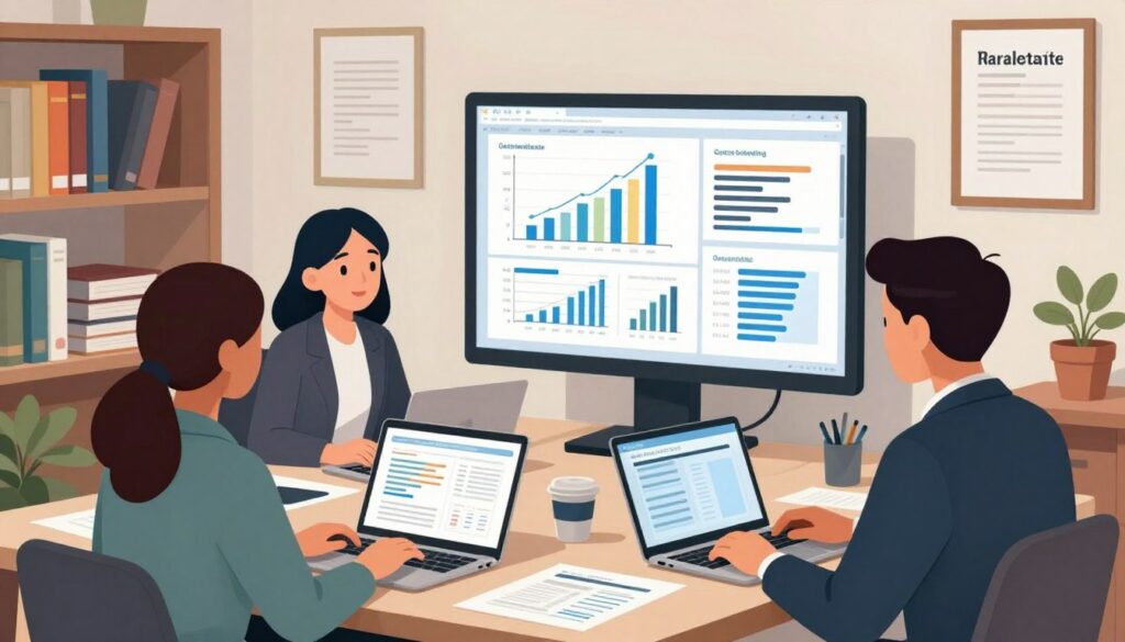 A vibrant office environment highlighting quality control in content marketing. In the foreground, a diverse team of four professionals—two women and two men—are engaged in a discussion while analyzing content on laptops, all dressed in smart business attire. The middle displays a large screen showing analytical graphs and digital content drafts, symbolizing data-driven decision-making. The background features shelves filled with books on marketing and framed success stories, evoking a sense of expertise and achievement. Soft, diffused lighting fills the space, creating an atmosphere of collaboration and innovation. The angle is slightly elevated, offering a view of the team and their workspace while capturing the dynamic energy of rapid growth and quality assurance in a creative setting.