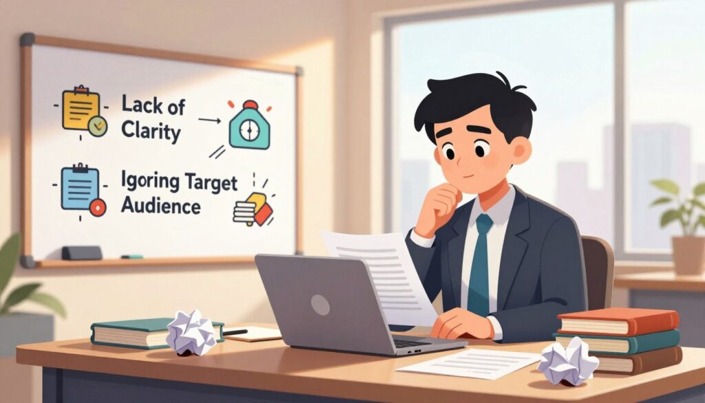 A vibrant office space filled with visuals of common pitfalls in scriptwriting. In the foreground, a cluttered desk with crumpled paper, representing failed ideas. To the left, a large whiteboard showcasing labeled pitfalls like "Lack of Clarity" and "Ignoring Target Audience," with colorful illustrations around each point. In the middle, a professional in business attire, looking thoughtful as they examine a script on a laptop, with a stack of books on writing beside them. The background features a bright, sunlit window, symbolizing enlightenment and focus, with subtle city skyline views. Soft, warm lighting creates an engaging and informative atmosphere, while a shallow depth of field helps emphasize the key elements, drawing the viewer's attention to the pitfalls being avoided. A vibrant office space filled with visuals of common pitfalls in scriptwriting. In the foreground, a cluttered desk with crumpled paper, representing failed ideas. To the left, a large whiteboard showcasing labeled pitfalls like "Lack of Clarity" and "Ignoring Target Audience," with colorful illustrations around each point. In the middle, a professional in business attire, looking thoughtful as they examine a script on a laptop, with a stack of books on writing beside them. The background features a bright, sunlit window, symbolizing enlightenment and focus, with subtle city skyline views. Soft, warm lighting creates an engaging and informative atmosphere, while a shallow depth of field helps emphasize the key elements, drawing the viewer's attention to the pitfalls being avoided.