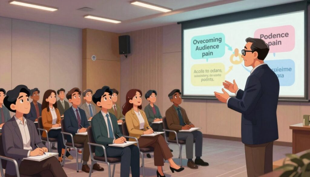 A vibrant scene depicting a professional speaker addressing an audience in a modern conference hall. In the foreground, the speaker, a middle-aged individual in a smart blazer and glasses, gestures towards a large screen that displays compelling visuals related to overcoming audience pain points. The middle ground includes attentive listeners, a diverse group of men and women in business casual attire, leaning forward, engaged and taking notes. In the background, soft lighting from overhead fixtures illuminates the space, creating a warm and inviting atmosphere. Use a slight low-angle perspective to emphasize the speaker's authority while capturing the audience's focused expressions. The overall mood is inspirational and informative, reflecting the essence of effective communication. A vibrant scene depicting a professional speaker addressing an audience in a modern conference hall. In the foreground, the speaker, a middle-aged individual in a smart blazer and glasses, gestures towards a large screen that displays compelling visuals related to overcoming audience pain points. The middle ground includes attentive listeners, a diverse group of men and women in business casual attire, leaning forward, engaged and taking notes. In the background, soft lighting from overhead fixtures illuminates the space, creating a warm and inviting atmosphere. Use a slight low-angle perspective to emphasize the speaker's authority while capturing the audience's focused expressions. The overall mood is inspirational and informative, reflecting the essence of effective communication.