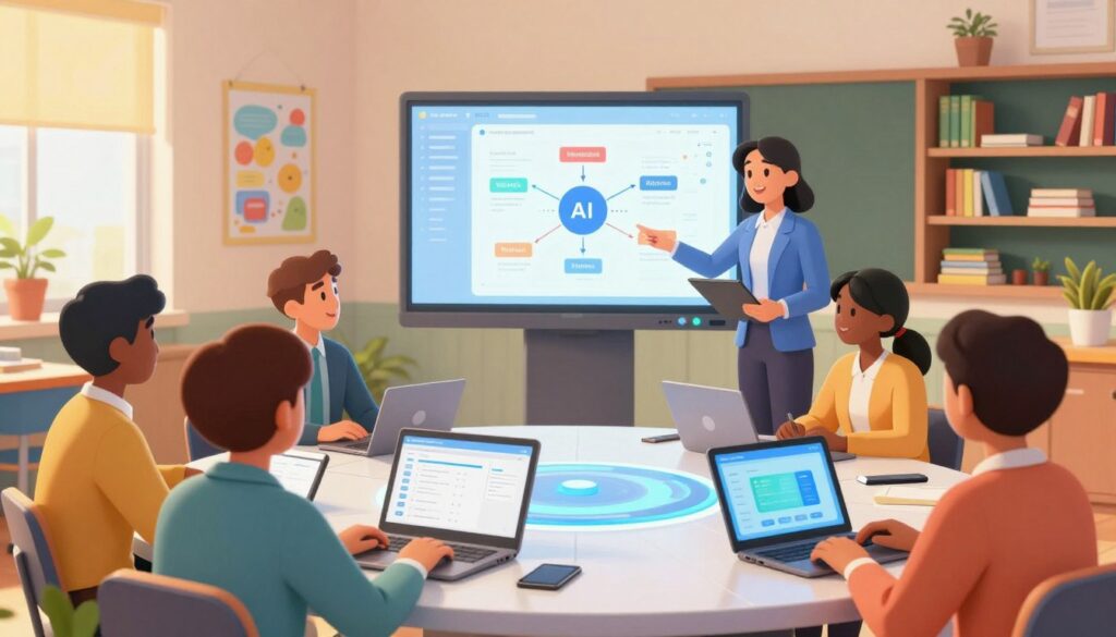 A vibrant scene in a modern K-12 classroom where a school leader is strategically implementing AI tools to enhance teacher productivity. In the foreground, a diverse group of educators, dressed in professional attire, collaborates around a sleek, futuristic table with laptops and tablets displaying various AI interfaces. In the middle, a large digital screen illustrates data analytics and AI resources, showcasing flowcharts and infographics. The background features an inviting classroom environment with colorful educational posters and shelves filled with books. Soft, warm lighting envelops the space, imparting a sense of optimism and innovation. The angle is slightly elevated, giving a clear view of the interaction between the educators and technology, emphasizing teamwork and forward-thinking in education. The overall atmosphere is one of collaboration and inspiration. A vibrant scene in a modern K-12 classroom where a school leader is strategically implementing AI tools to enhance teacher productivity. In the foreground, a diverse group of educators, dressed in professional attire, collaborates around a sleek, futuristic table with laptops and tablets displaying various AI interfaces. In the middle, a large digital screen illustrates data analytics and AI resources, showcasing flowcharts and infographics. The background features an inviting classroom environment with colorful educational posters and shelves filled with books. Soft, warm lighting envelops the space, imparting a sense of optimism and innovation. The angle is slightly elevated, giving a clear view of the interaction between the educators and technology, emphasizing teamwork and forward-thinking in education. The overall atmosphere is one of collaboration and inspiration.