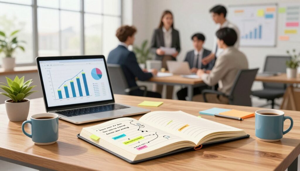 A visually engaging and informative illustration showcasing the core components of high-performing content. In the foreground, a large, open notebook lies on a sleek wooden desk, filled with handwritten notes and colorful sticky tabs representing key ideas and strategies. Surrounding the notebook are symbolic items such as a laptop displaying analytics graphs, a coffee mug, and a potted plant for a fresh, modern touch. In the middle ground, blurred figures of professionals in business attire collaborate, discussing strategies, embodying teamwork and creativity. The background features a bright, airy office space with large windows letting in natural light, enhancing the atmosphere of productivity and innovation. The overall mood is inspiring and focused, emphasizing the essence of effective content creation. A visually engaging and informative illustration showcasing the core components of high-performing content. In the foreground, a large, open notebook lies on a sleek wooden desk, filled with handwritten notes and colorful sticky tabs representing key ideas and strategies. Surrounding the notebook are symbolic items such as a laptop displaying analytics graphs, a coffee mug, and a potted plant for a fresh, modern touch. In the middle ground, blurred figures of professionals in business attire collaborate, discussing strategies, embodying teamwork and creativity. The background features a bright, airy office space with large windows letting in natural light, enhancing the atmosphere of productivity and innovation. The overall mood is inspiring and focused, emphasizing the essence of effective content creation.