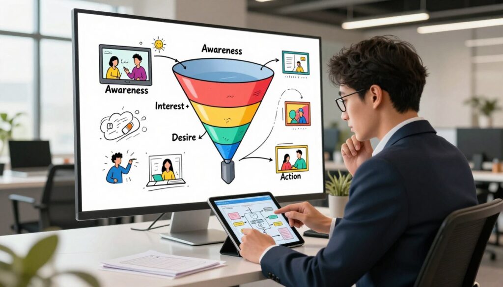 A visually engaging, conceptual illustration of a sales funnel video script mapping. In the foreground, a creative professional in business attire, thoughtfully analyzing a flowchart on a digital tablet, sits at a sleek desk filled with notes and a laptop. The middle ground features a vibrant, detailed diagram of a funnel with clear segments labeled as “Awareness”, “Interest”, “Desire”, and “Action”, surrounded by sketches of engaging video ideas and scenes. The background shows an open office environment, softly illuminated by natural light filtering through large windows, creating a warm and inspiring atmosphere. The angle captures a dynamic perspective, emphasizing the movement from script ideas to funnel application, invoking a sense of innovation and strategy in creating high-converting content. A visually engaging, conceptual illustration of a sales funnel video script mapping. In the foreground, a creative professional in business attire, thoughtfully analyzing a flowchart on a digital tablet, sits at a sleek desk filled with notes and a laptop. The middle ground features a vibrant, detailed diagram of a funnel with clear segments labeled as “Awareness”, “Interest”, “Desire”, and “Action”, surrounded by sketches of engaging video ideas and scenes. The background shows an open office environment, softly illuminated by natural light filtering through large windows, creating a warm and inspiring atmosphere. The angle captures a dynamic perspective, emphasizing the movement from script ideas to funnel application, invoking a sense of innovation and strategy in creating high-converting content.