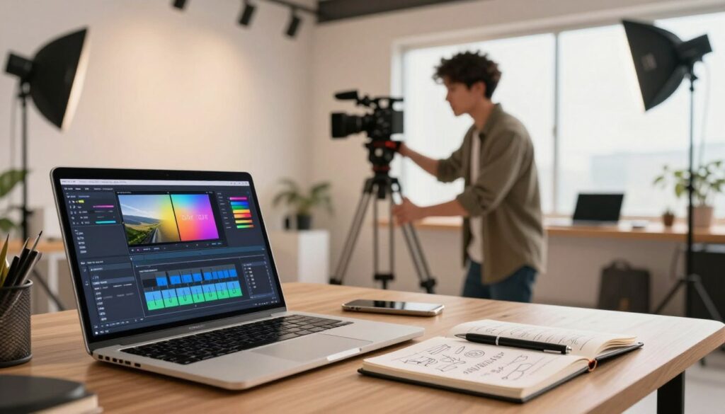 A visually engaging scene depicting a creative workspace focused on video production. In the foreground, a sleek laptop is open, showing a colorful video editing software interface. Nearby, a notebook filled with handwritten ideas and a pen lay casually, reflecting the brainstorming process. In the middle ground, a professional in smart casual attire, deeply focused, adjusts a camera tripod, illustrating the dynamic process of video creation. The background features a well-lit studio with soft, diffused lighting, showcasing various video equipment, including microphones and lighting rigs. A large window lets in natural light, creating a warm and inviting atmosphere that emphasizes clarity and professionalism. The overall mood is one of creativity and productivity, inviting viewers to appreciate the importance of clear messaging in video content. A visually engaging scene depicting a creative workspace focused on video production. In the foreground, a sleek laptop is open, showing a colorful video editing software interface. Nearby, a notebook filled with handwritten ideas and a pen lay casually, reflecting the brainstorming process. In the middle ground, a professional in smart casual attire, deeply focused, adjusts a camera tripod, illustrating the dynamic process of video creation. The background features a well-lit studio with soft, diffused lighting, showcasing various video equipment, including microphones and lighting rigs. A large window lets in natural light, creating a warm and inviting atmosphere that emphasizes clarity and professionalism. The overall mood is one of creativity and productivity, inviting viewers to appreciate the importance of clear messaging in video content.