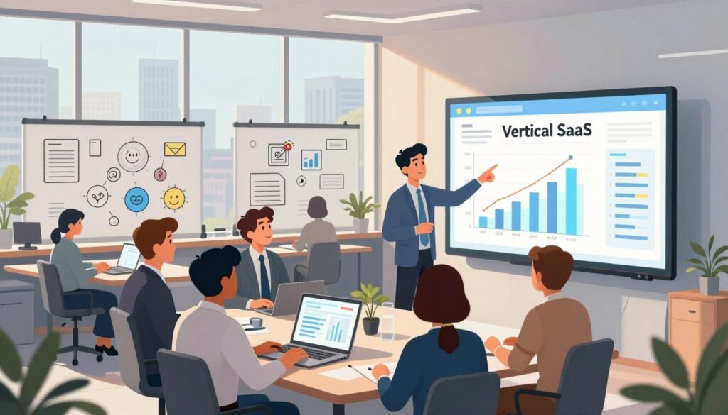 A visually striking digital illustration representing the advantages of vertical SaaS, featuring a modern, open-plan office environment. In the foreground, a diverse group of professionals in business attire is engaged in a collaborative discussion, pointing at a large digital screen displaying analytics and growth charts. The middle layer showcases interactive whiteboards filled with ideas about niche markets, while the background illustrates a city skyline through large windows, symbolizing innovation and opportunity. Soft, natural light pours in, creating an inviting atmosphere. The angle is slightly elevated, giving a comprehensive view of the dynamic workspace. The overall mood is one of motivation, focus, and forward-thinking, embodying the essence of niche-focused SaaS success.