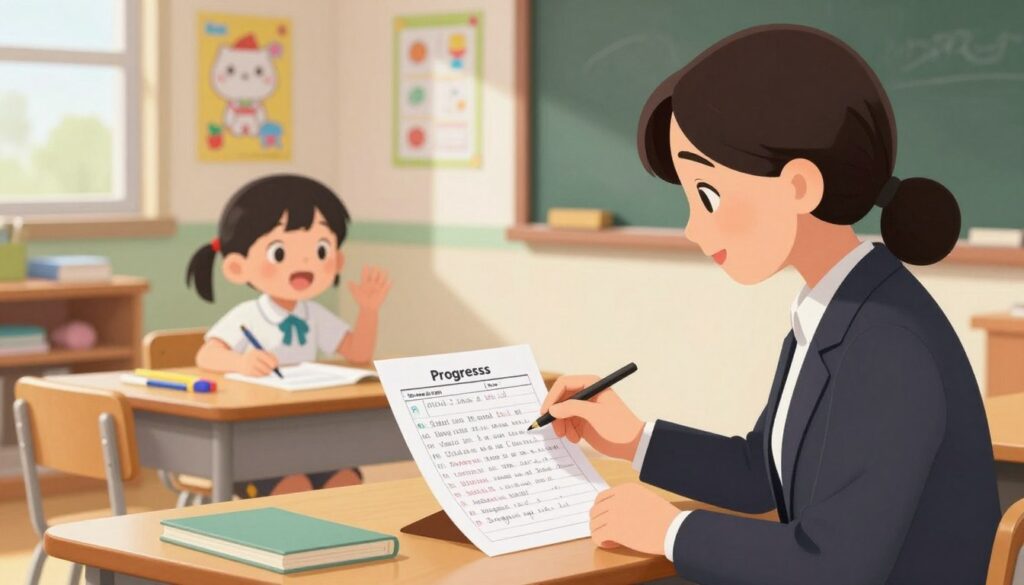 A warm and inviting classroom scene showing a dedicated teacher reviewing handwritten comments on a child's progress report. In the foreground, a teacher, dressed in professional business attire, is thoughtfully analyzing the report at a wooden desk filled with school supplies. In the middle ground, a young student sits at a small table, looking excited and engaged, showcasing a sense of curiosity about their growth. The background features colorful educational posters and a chalkboard, with soft natural lighting emanating from a nearby window, creating a welcoming atmosphere. Focus on conveying the connection between teacher feedback and the child's social development, emphasizing warmth and support in this learning environment.