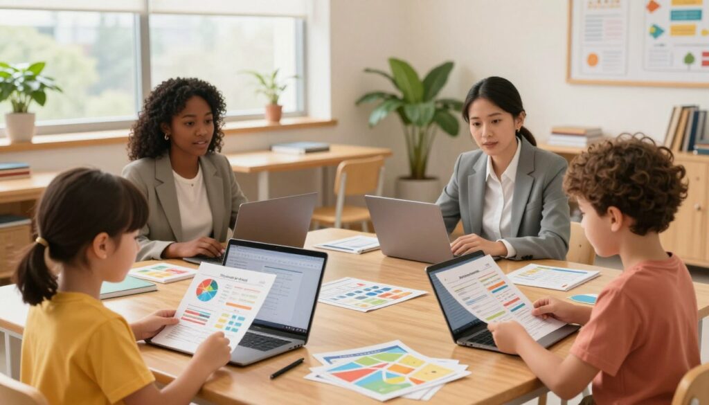 A warm and inviting scene depicting a family engagement assessment in a school setting. In the foreground, a diverse group of three families, each represented by a parent or guardian in professional business attire, are animatedly discussing while reviewing charts and assessment forms. In the middle ground, a comfortable conference room with a large wooden table filled with laptops, educational resources, and colorful learning materials creates an atmosphere of collaboration. The background reveals large windows letting in soft, natural light, accompanied by potted plants that add a touch of greenery. The atmosphere is focused yet friendly, emphasizing the importance of parental involvement in academic support. The image should maintain a balanced composition, highlighting both the families and the academic tools they are utilizing. A warm and inviting scene depicting a family engagement assessment in a school setting. In the foreground, a diverse group of three families, each represented by a parent or guardian in professional business attire, are animatedly discussing while reviewing charts and assessment forms. In the middle ground, a comfortable conference room with a large wooden table filled with laptops, educational resources, and colorful learning materials creates an atmosphere of collaboration. The background reveals large windows letting in soft, natural light, accompanied by potted plants that add a touch of greenery. The atmosphere is focused yet friendly, emphasizing the importance of parental involvement in academic support. The image should maintain a balanced composition, highlighting both the families and the academic tools they are utilizing.