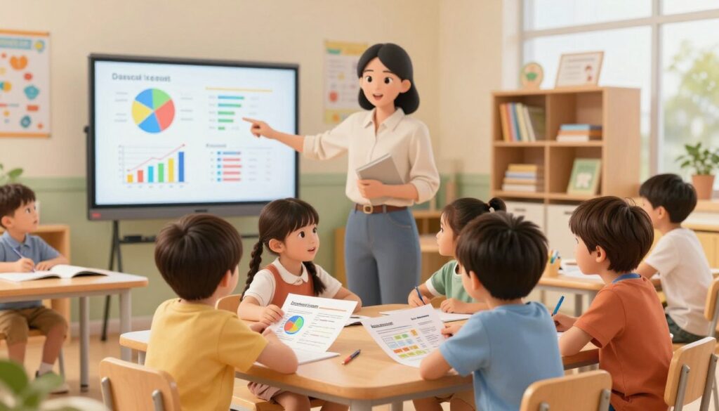 A warm, inviting classroom setting filled with children engaged in collaborative learning activities. In the foreground, a diverse group of children, dressed in modest casual clothing, work together at a table, reviewing reports and exchanging ideas with enthusiasm. The middle ground features a teacher guiding another child, pointing to an interactive whiteboard filled with colorful graphs and progress visuals showing academic achievements. The background exhibits educational posters and bookshelves filled with learning materials under soft, natural lighting streaming through large windows. The atmosphere is one of encouragement and growth, highlighting the evolution of traditional review methods into innovative, child-centered learning experiences. Use a soft focus with a slight bokeh effect on the background, foreground sharp, to elevate the connection between children and their learning journey.