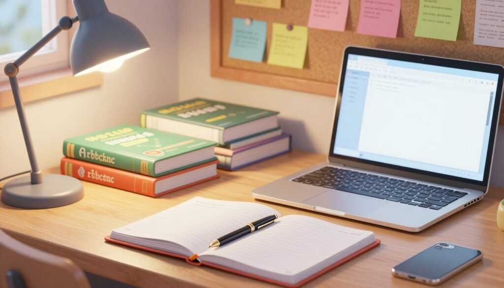 A well-organized study desk filled with essential writing tools for students. In the foreground, a stylish notebook lies open with neatly written notes and a high-quality fountain pen beside it. Nearby, a laptop displays a blank document ready for writing. The middle ground features a stack of textbooks and reference materials, showcasing a range of subjects. A soft light from a desk lamp creates a warm and inviting atmosphere, highlighting the tools while casting gentle shadows. In the background, a bulletin board adorned with colorful sticky notes and inspirational quotes enhances the creative environment. The overall mood is focused and encouraging, reflecting the importance of reliable writing support for students. Use a slightly blurred depth of field to emphasize the foreground elements.