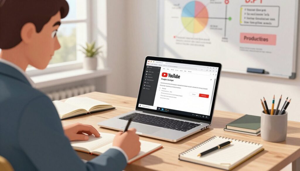 A well-organized workspace featuring a modern laptop displaying a YouTube video script on the screen, placed on a stylish desk cluttered with notebooks and pens. In the foreground, a smartly dressed individual, a middle-aged man in professional attire, is jotting down notes with a focused expression. The middle ground showcases a creative, bright atmosphere with soft natural light streaming through a window, casting gentle shadows. In the background, a whiteboard with colorful diagrams and keywords related to product explanations is visible, enhancing the sense of clarity and organization. The overall mood feels productive and inspiring, encouraging creativity and clarity in scriptwriting. The scene is captured from a slight angle to emphasize depth and perspective, with a warm color palette to evoke a motivating ambiance. A well-organized workspace featuring a modern laptop displaying a YouTube video script on the screen, placed on a stylish desk cluttered with notebooks and pens. In the foreground, a smartly dressed individual, a middle-aged man in professional attire, is jotting down notes with a focused expression. The middle ground showcases a creative, bright atmosphere with soft natural light streaming through a window, casting gentle shadows. In the background, a whiteboard with colorful diagrams and keywords related to product explanations is visible, enhancing the sense of clarity and organization. The overall mood feels productive and inspiring, encouraging creativity and clarity in scriptwriting. The scene is captured from a slight angle to emphasize depth and perspective, with a warm color palette to evoke a motivating ambiance.