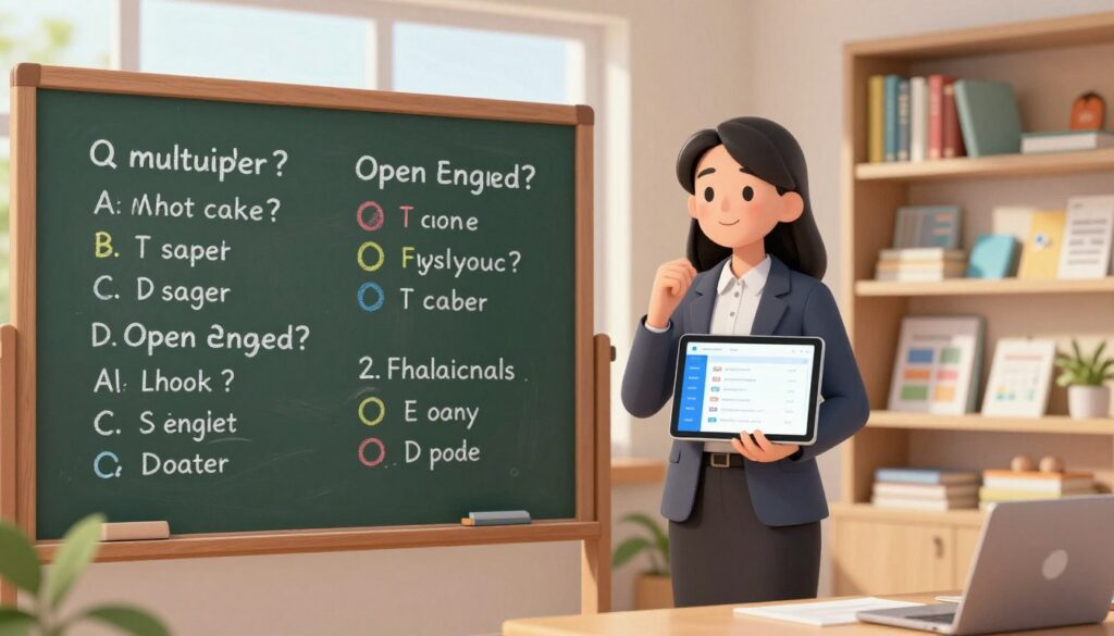 An educational workspace highlighting various question types used in teaching, organized in a visually engaging layout. In the foreground, a large chalkboard displays diverse question formats: multiple choice, true/false, open-ended, and matching questions, hand-drawn with colorful markers. In the middle ground, a teacher in professional attire stands thoughtfully, holding a tablet with an AI tool interface visible, showing a user-friendly dashboard. The background shows shelves filled with books and educational resources, with soft natural light streaming through a window, creating a warm and inviting atmosphere. The scene conveys an inspiring mood, emphasizing innovation in education and effective teaching strategies. An educational workspace highlighting various question types used in teaching, organized in a visually engaging layout. In the foreground, a large chalkboard displays diverse question formats: multiple choice, true/false, open-ended, and matching questions, hand-drawn with colorful markers. In the middle ground, a teacher in professional attire stands thoughtfully, holding a tablet with an AI tool interface visible, showing a user-friendly dashboard. The background shows shelves filled with books and educational resources, with soft natural light streaming through a window, creating a warm and inviting atmosphere. The scene conveys an inspiring mood, emphasizing innovation in education and effective teaching strategies.